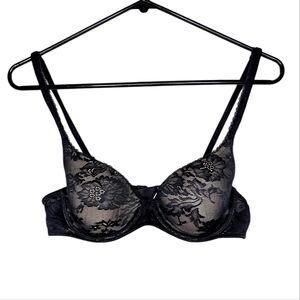 Victoria's Secret Women's Lined Demi Bra Tan with Black Floral Lace Size 34B